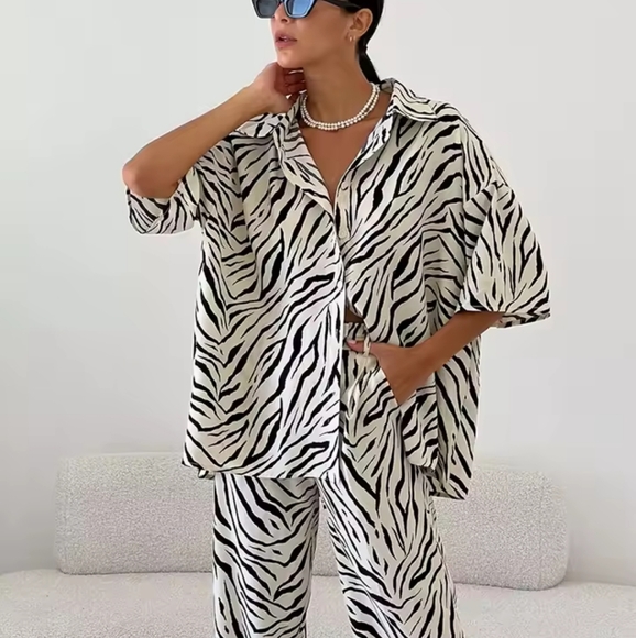 Pants - Zebra Print Button-Up Shirt and Pants Set